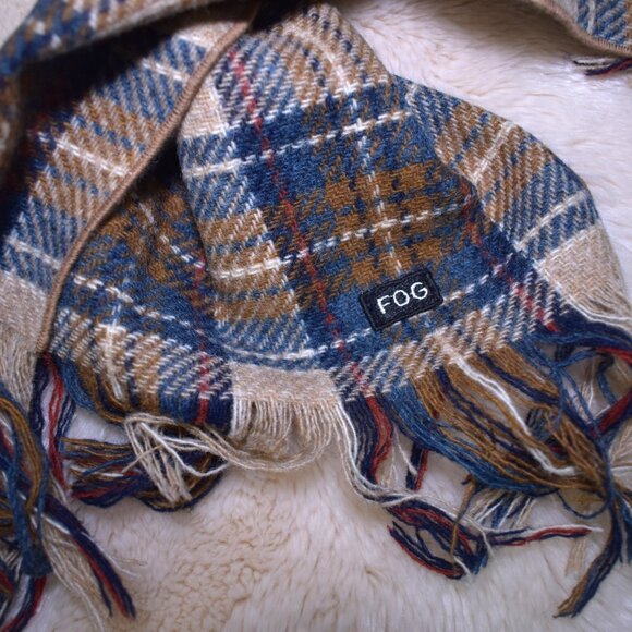 London Fog Plaid Wool Scarf Brown Blue - Picture 7 of 11